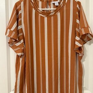 Liz Claiborne Rust and White Striped Ruffle Sleeve Blouse
